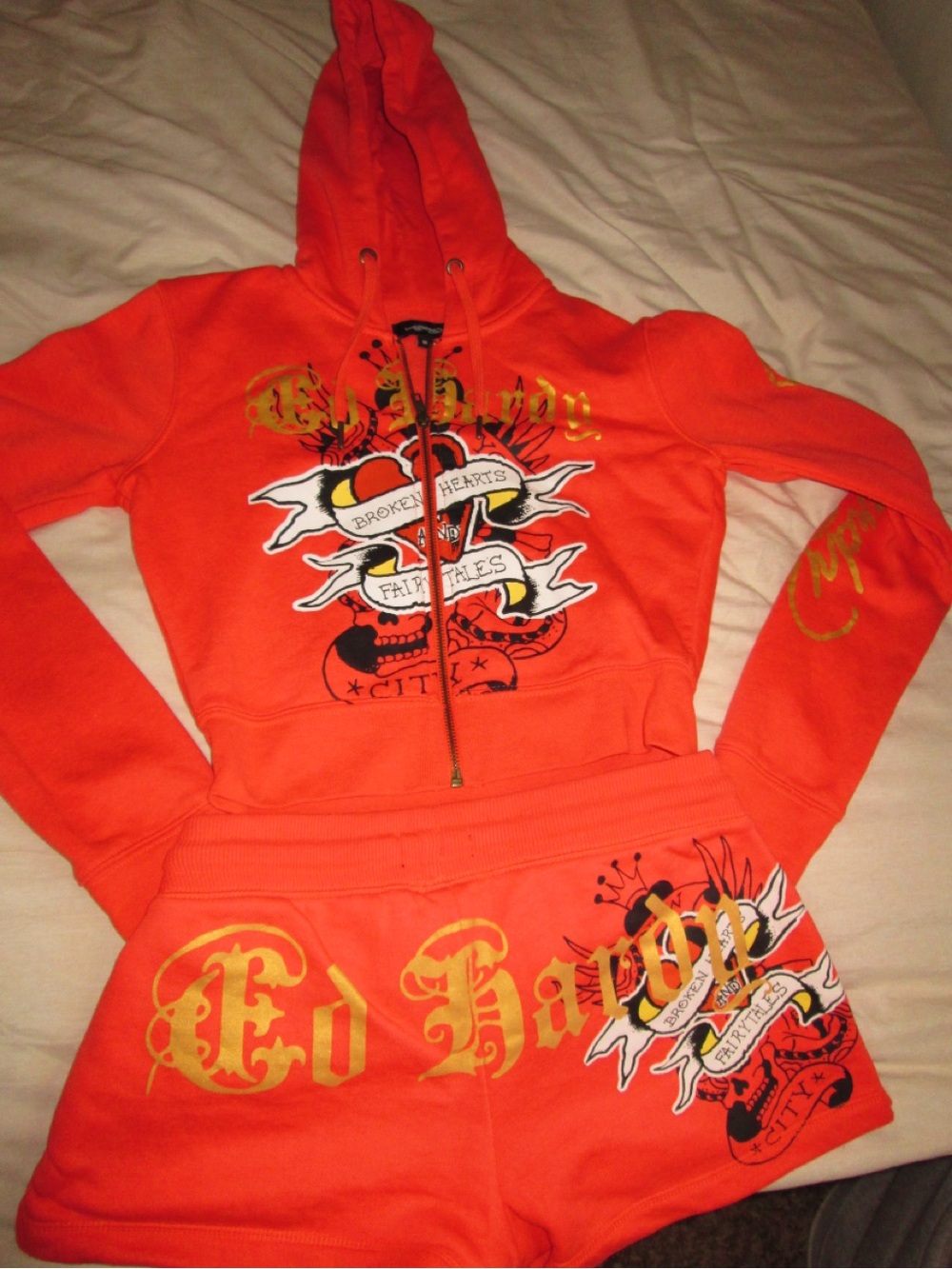 Ed Hardy Orange Graphic Zip-Up Hoodie and Shorts Set